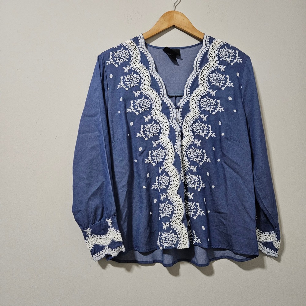 Liv Los Angeles Blue Embroidered Lace Trim Boho Blouse Top SB1788 Womens Large